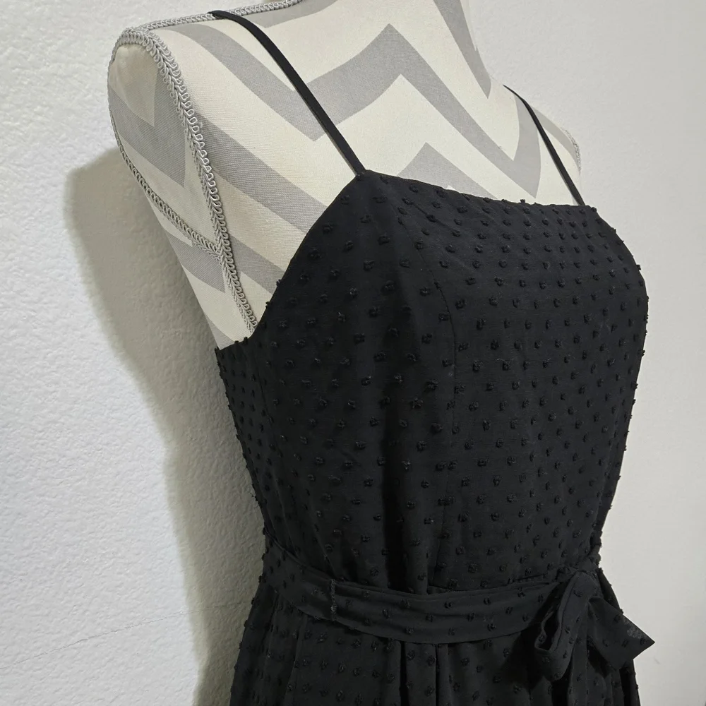 AQUA Black Midi Dress Swiss Dot Lace Inset Handkerchief Hem Tie Waist Small - Picture 6 of 15